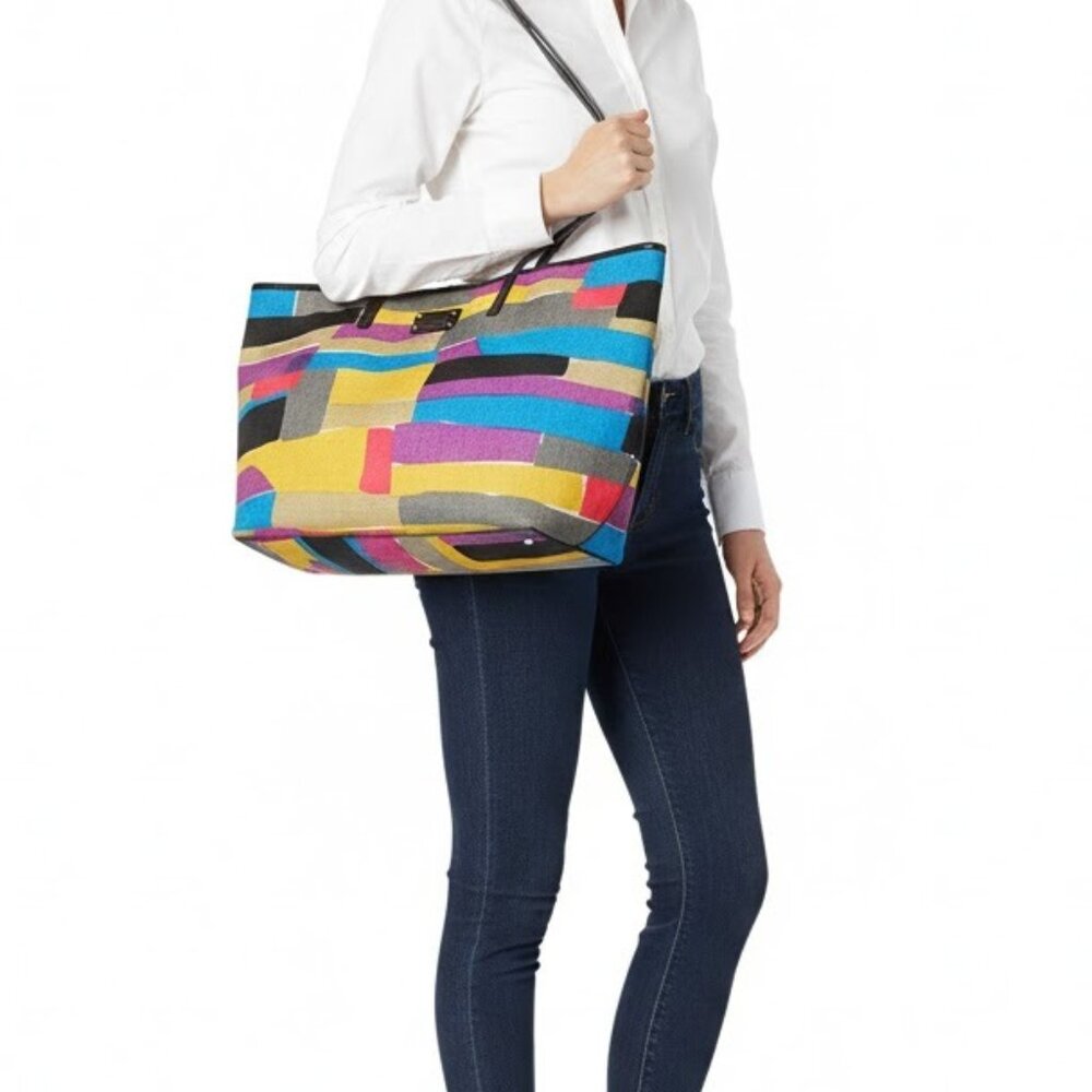 Kate Spade Multi-Color Abstract Patchwork Print Canvas Tote Bag Travel Workbag